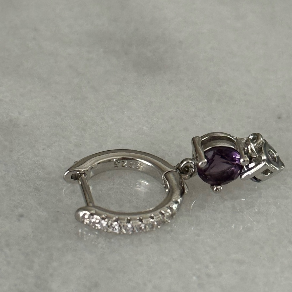 NEW DROP Sterling Silver Crystal Pave Purple Dangle Huggie Hoop Earrings - Picture 2 of 6